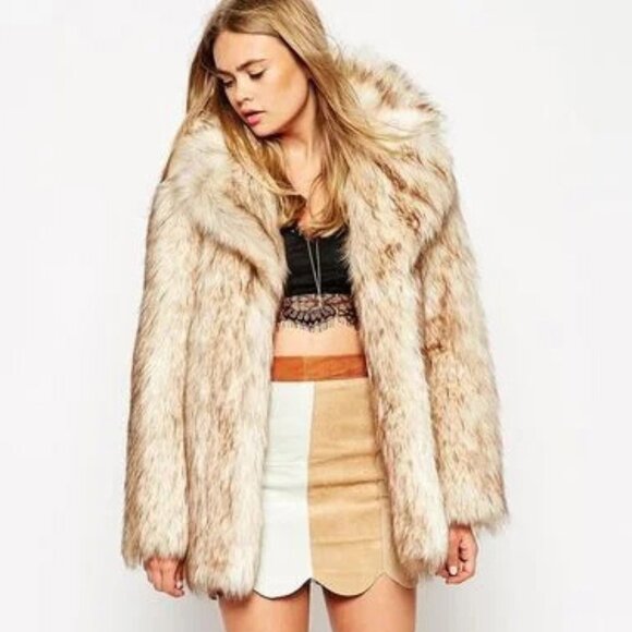 💋BOHO CLAM💋VTG 70s Vibe Lux Chunky Vegan Topped Fox Fur Coat in Beige & Black - Picture 1 of 16